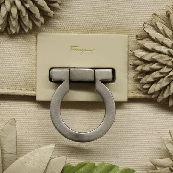Salvatore Ferragamo Gancini Hand Bag Canvas Cream Silver